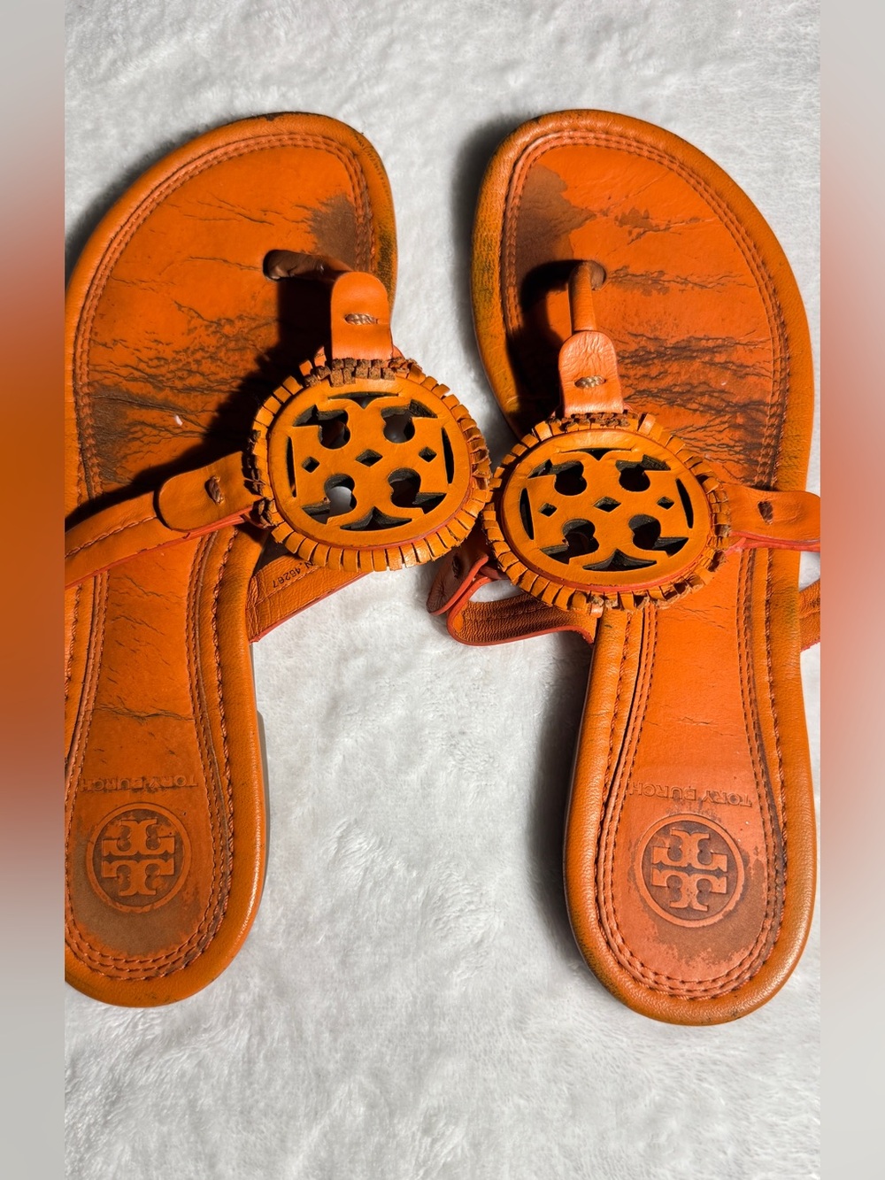 Tory Burch Orange Leather Logo Thong Sandals